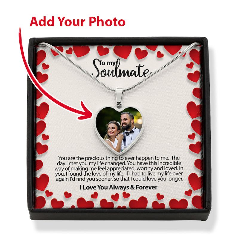 customized photo necklace: silver heart-shaped pendant necklace with a photo of a couple in a gift box with heart designs and sentimental message.