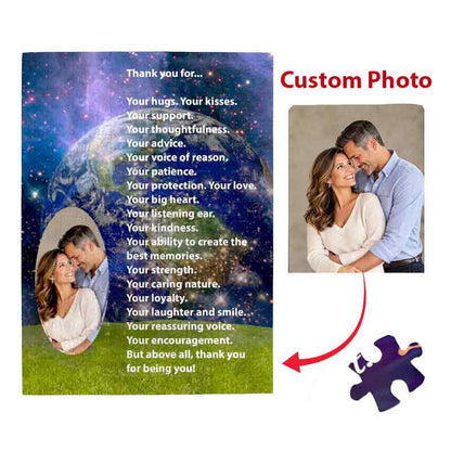 Demonstration image showing a personalized photo jigsaw puzzle on the left and a separate photo upload preview labeled "Custom Photo" on the right, with a red curved arrow indicating where the uploaded couple's photo appears inside the puzzle oval.   
