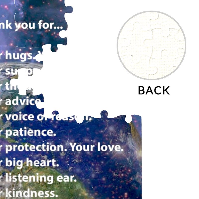 A close-up view of interlocking jigsaw puzzle pieces showing printed white text on a starry space background, with a circular inset on the top right labeled "BACK" displaying the plain off-white cardboard backing of the puzzle.   