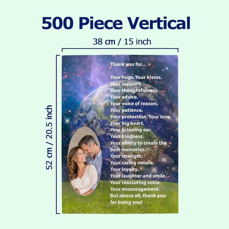 A product listing graphic showing a personalized jigsaw puzzle with dimensions labeled as 52 cm by 38 cm (20.5 inches by 15 inches) for a 500-piece vertical layout.