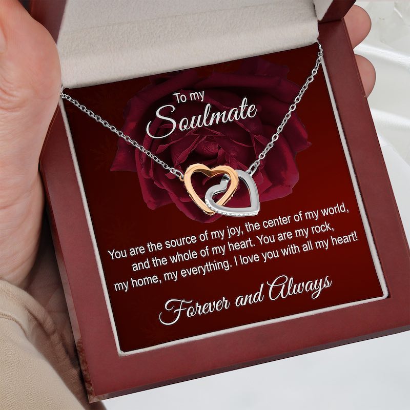 Soulmate Gift Necklace with interlocking hearts in a jewelry box with romantic message.