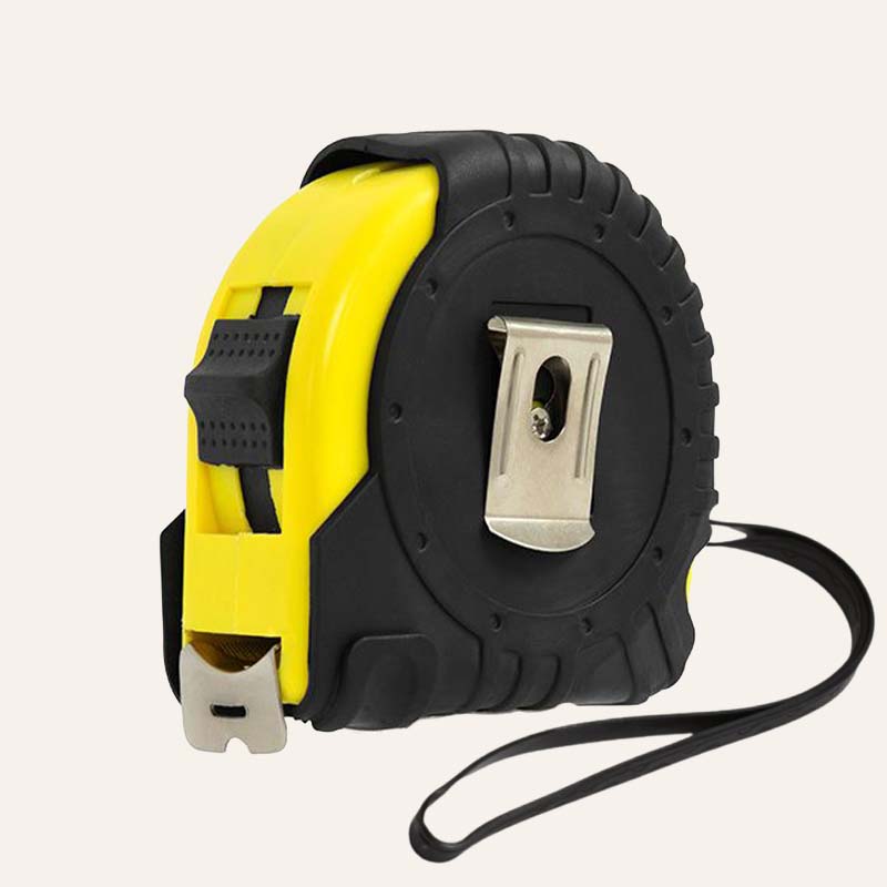 Measuring tape with a metal belt clip and wrist strap, shown from the side on a plain background