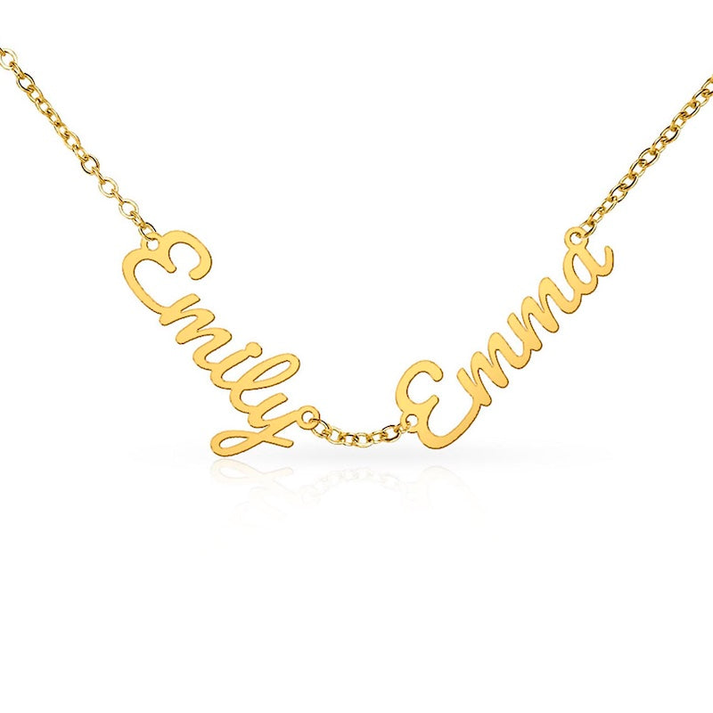 Gold necklace with 'Emily' and 'Emma' on a white background