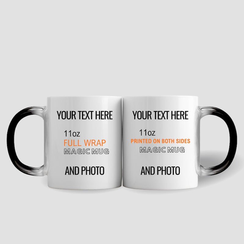 custom made mugs: two white customizable mugs with text and photo personalization option on a gray background.