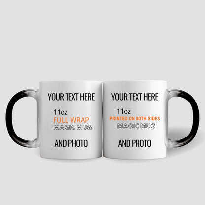 custom made mugs: two white customizable mugs with text and photo personalization option on a gray background.