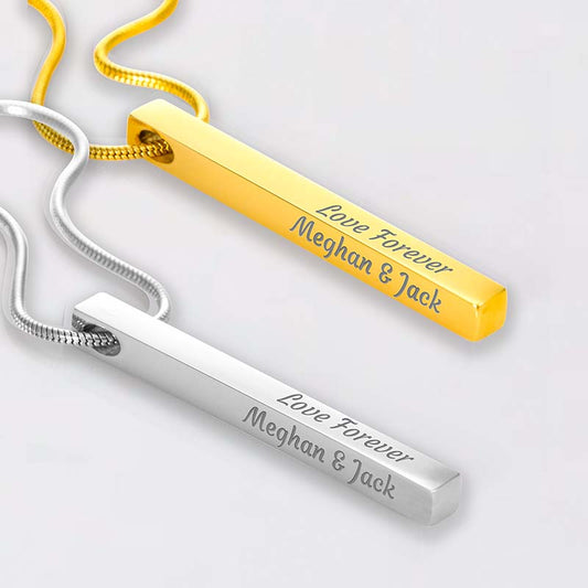 Custom Bar Necklace: two rectangular pendants on a white background, one gold and one silver, engraved with 'Love Forever Meghan & Jack'.