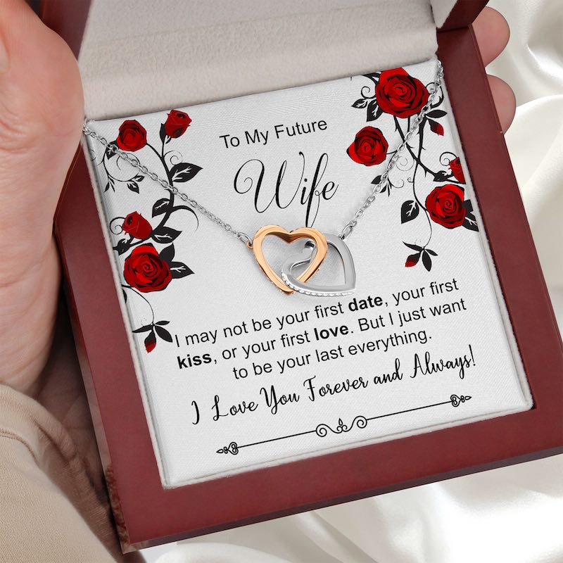 future wife custom gift: Heart-shaped necklace in a box with romantic message for 'Future Wife'.