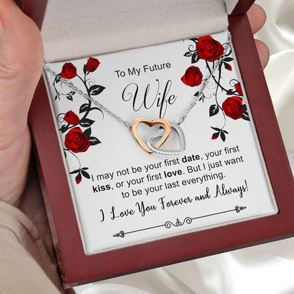 future wife custom gift: Heart-shaped necklace in a box with romantic message for 'Future Wife'.