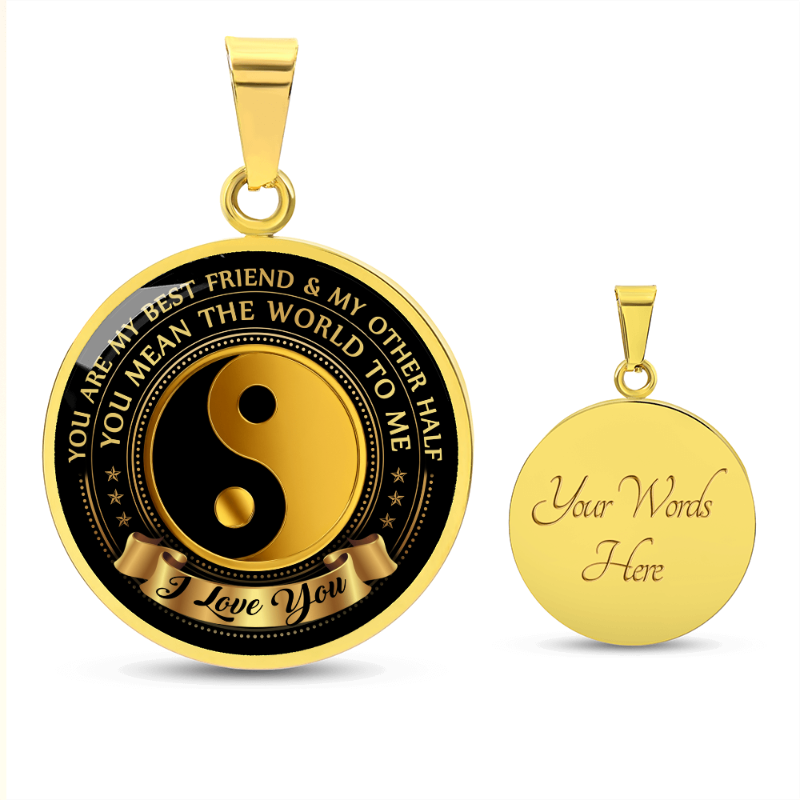 personalized circle necklace, gold and black pendant with yin yang symbol and engraved text, next to a gold pendant with 'Your Words Here' text.