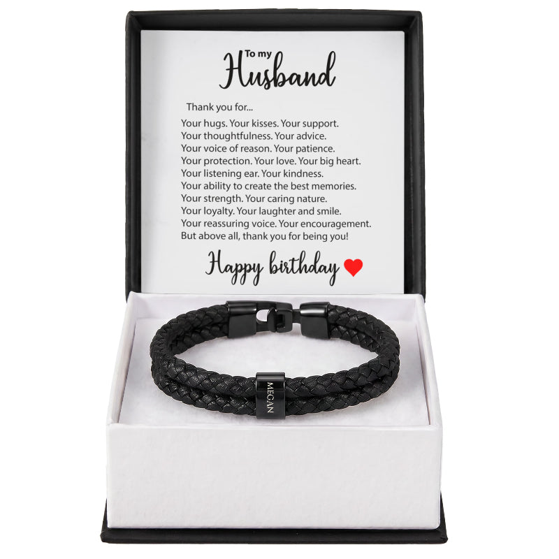 Braided Leather Bracelet for Men with Custom Beads & Personalized Birthday Card
