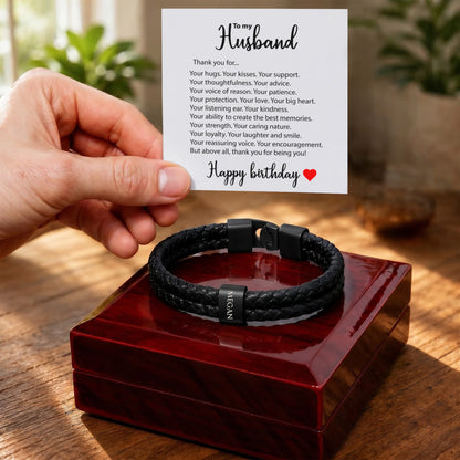 Braided Leather Bracelet for Men with Custom Beads & Personalized Birthday Card