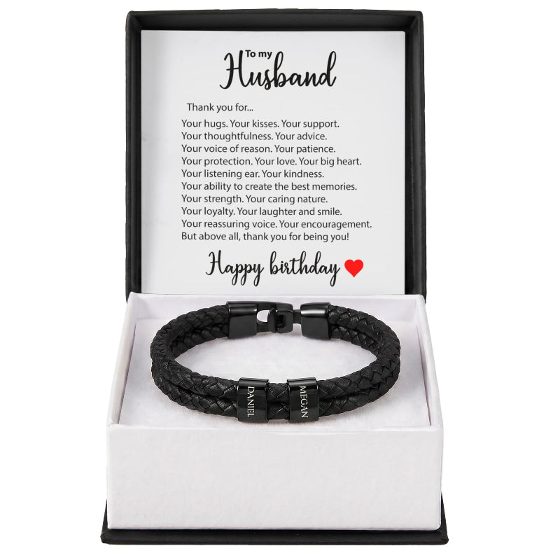 Braided Leather Bracelet for Men with Custom Beads & Personalized Birthday Card