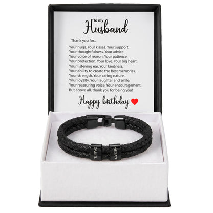 Braided Leather Bracelet for Men with Custom Beads & Personalized Birthday Card