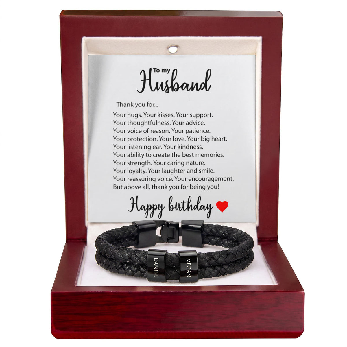 Braided Leather Bracelet for Men with Custom Beads & Personalized Birthday Card