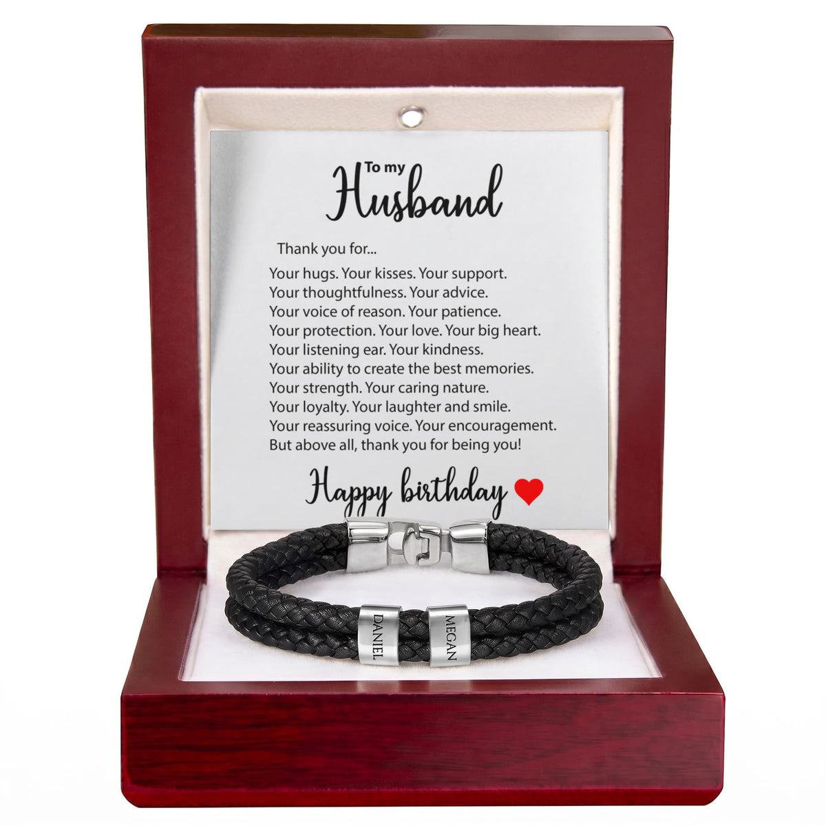 Braided Leather Bracelet for Men with Custom Beads & Personalized Birthday Card