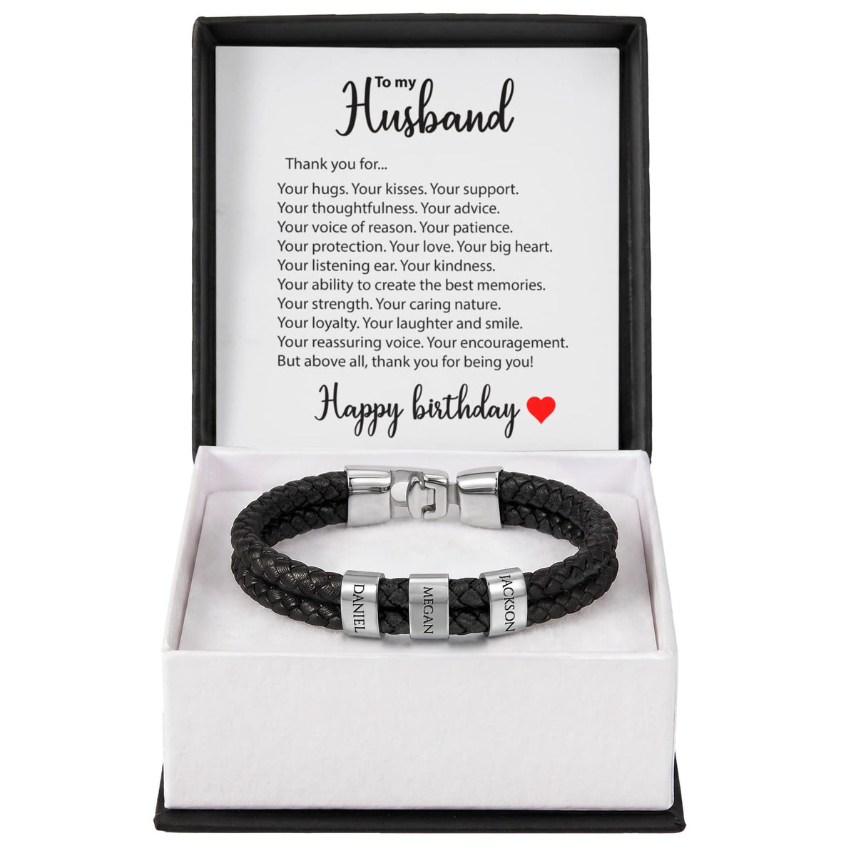 Braided Leather Bracelet for Men with Custom Beads & Personalized Birthday Card