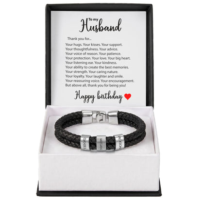 Braided Leather Bracelet for Men with Custom Beads & Personalized Birthday Card