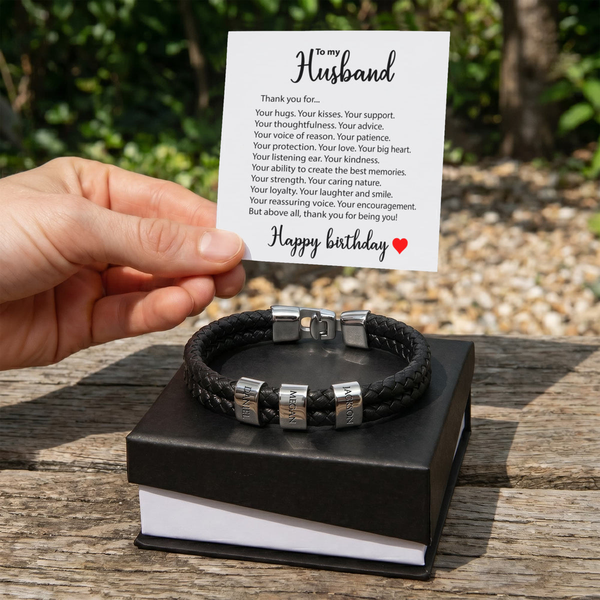 Braided Leather Bracelet for Men with Custom Beads & Personalized Birthday Card