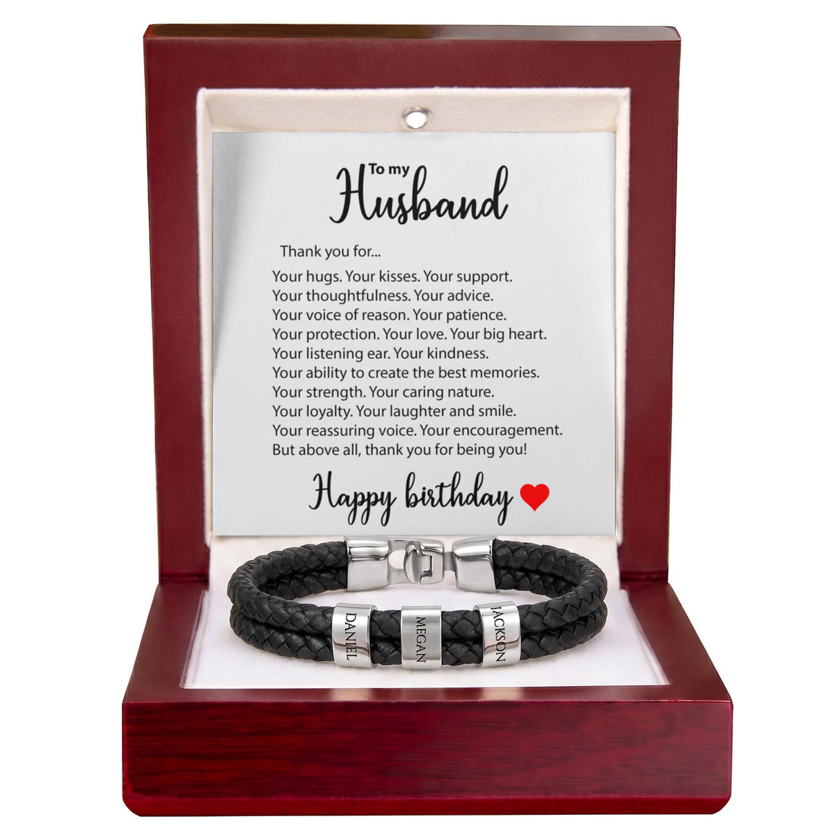 Braided Leather Bracelet for Men with Custom Beads & Personalized Birthday Card