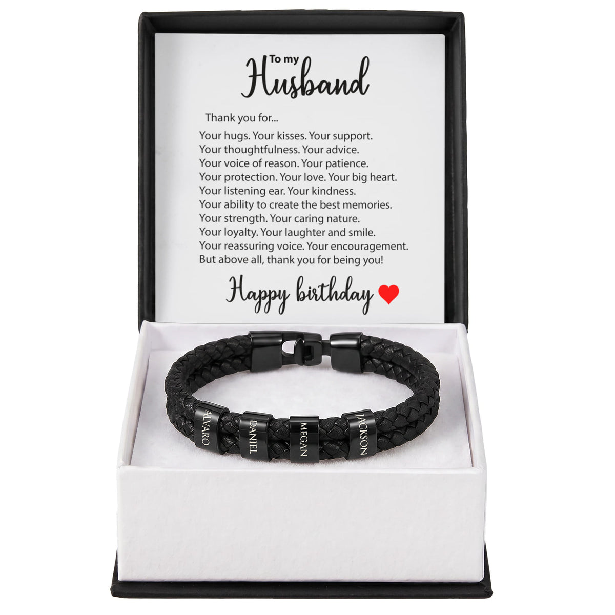 Braided Leather Bracelet for Men with Custom Beads & Personalized Birthday Card