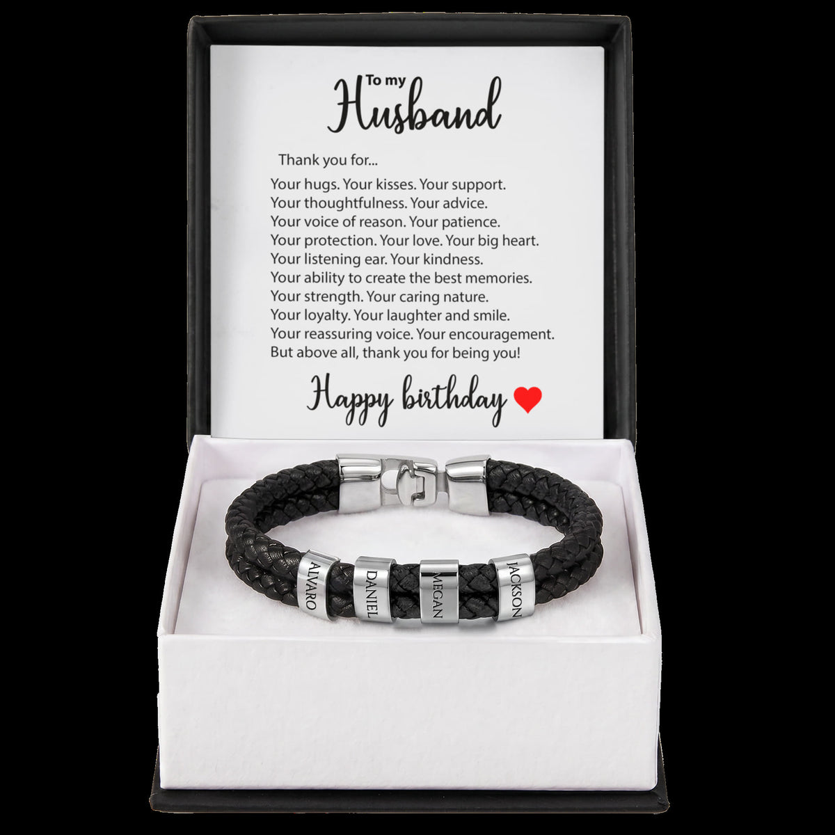 Braided Leather Bracelet for Men with Custom Beads & Personalized Birthday Card