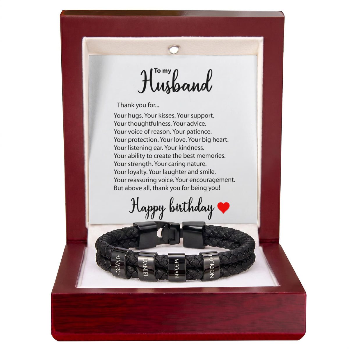 Braided Leather Bracelet for Men with Custom Beads & Personalized Birthday Card