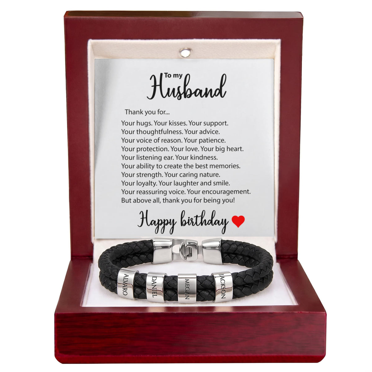 Braided Leather Bracelet for Men with Custom Beads & Personalized Birthday Card