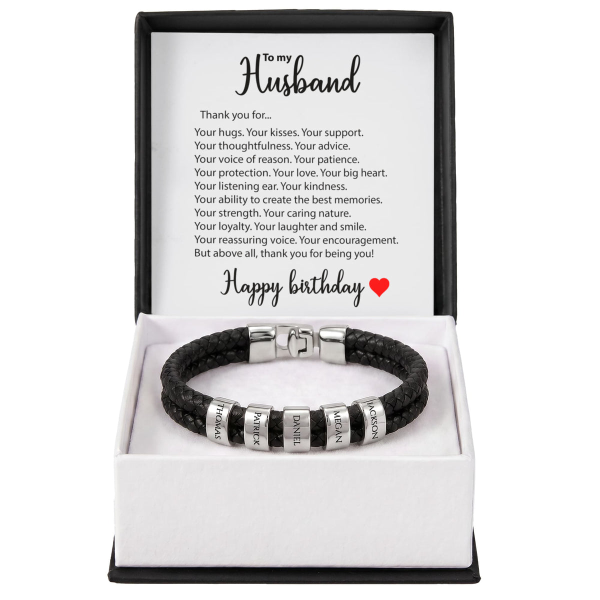 Braided Leather Bracelet for Men with Custom Beads & Personalized Birthday Card