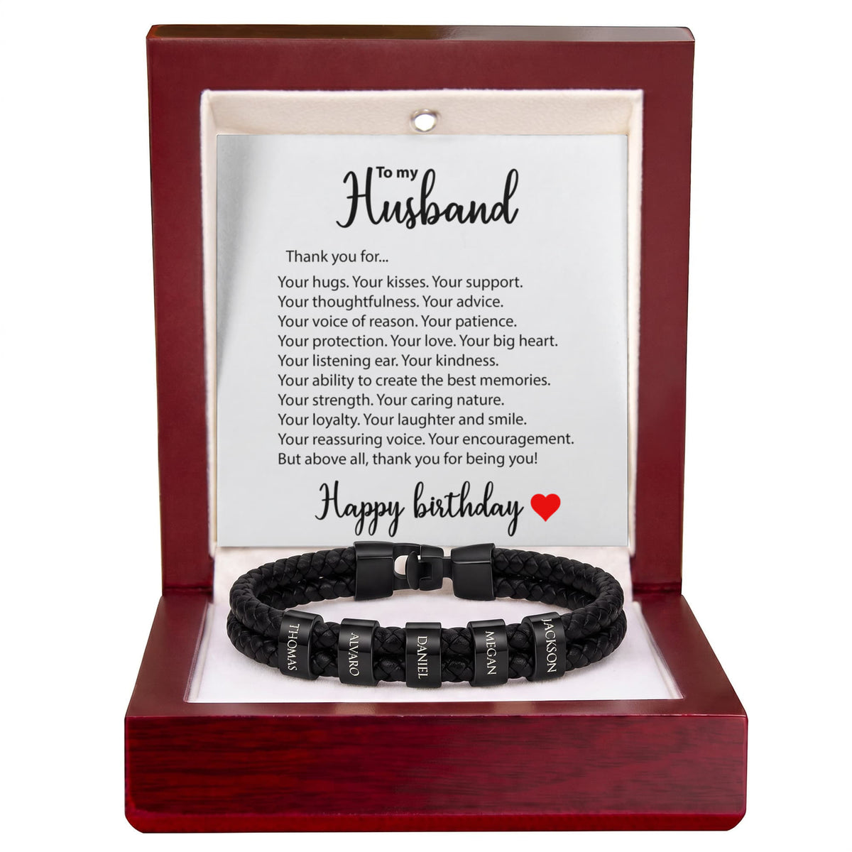 Braided Leather Bracelet for Men with Custom Beads & Personalized Birthday Card