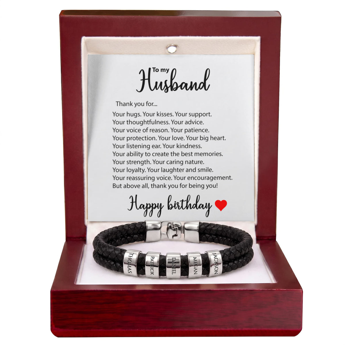 Braided Leather Bracelet for Men with Custom Beads & Personalized Birthday Card