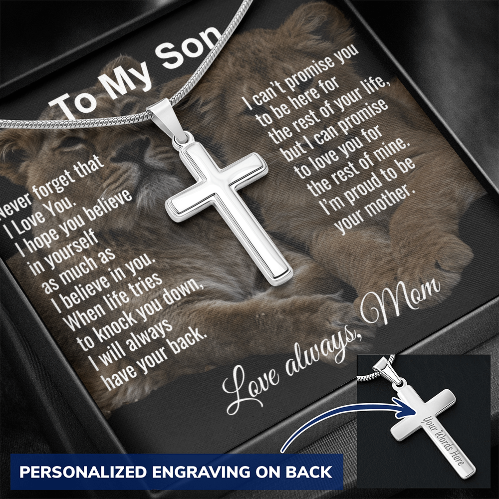 Son Gift From Mom Personalized Message Card And Engraved Cross Necklace Birthday Keepsake