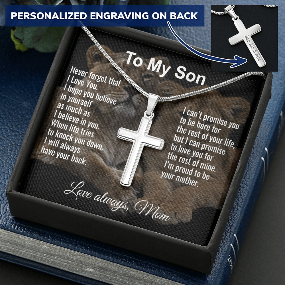 Son Gift From Mom Personalized Message Card And Engraved Cross Necklace Birthday Keepsake
