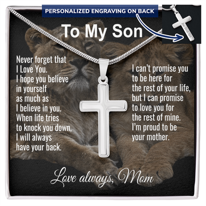Son Gift From Mom Personalized Message Card And Engraved Cross Necklace Birthday Keepsake