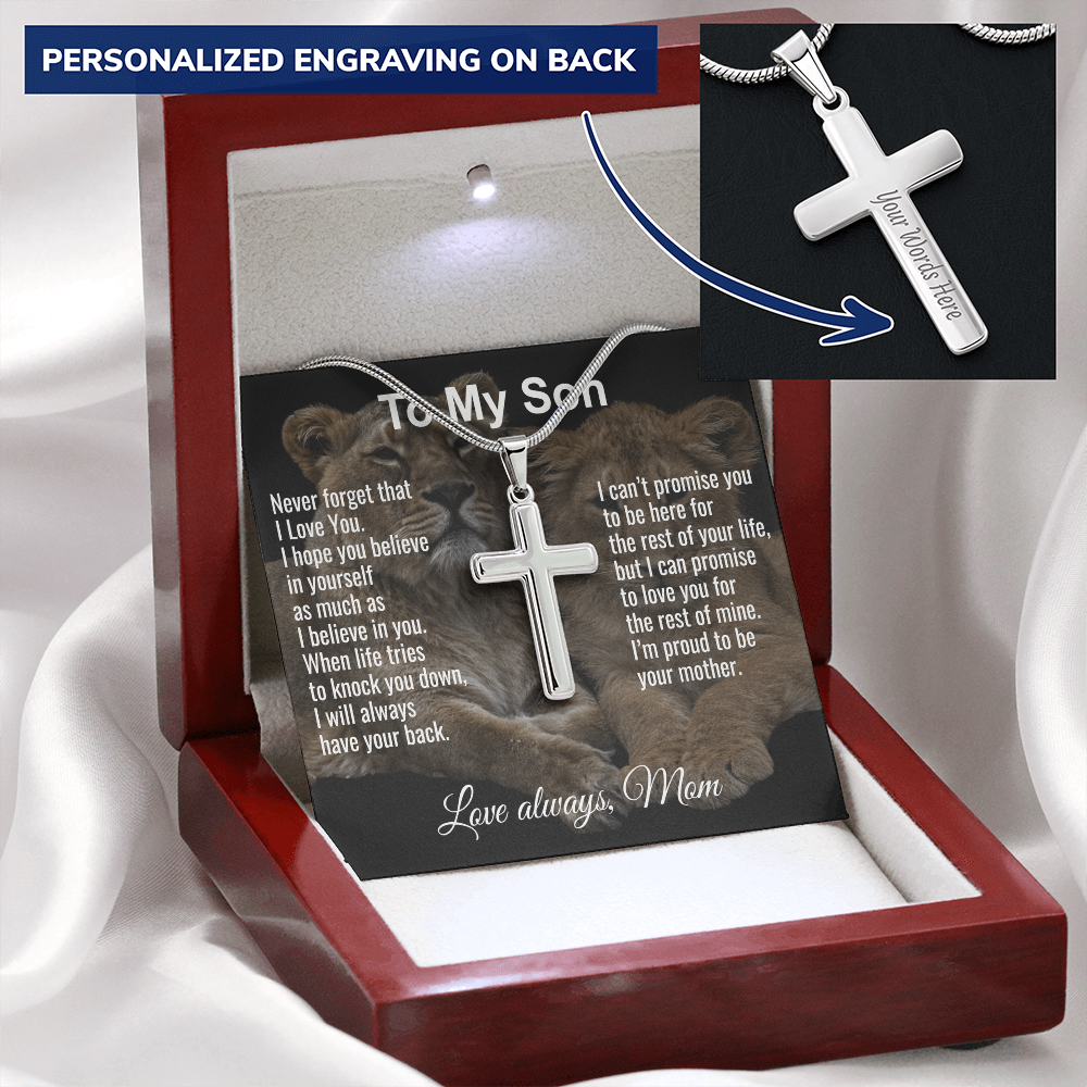 Son Gift From Mom Personalized Message Card And Engraved Cross Necklace Birthday Keepsake
