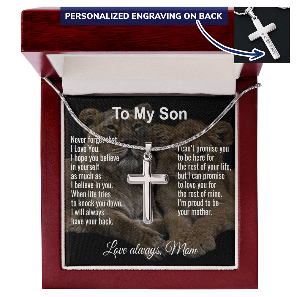 Son Gift From Mom Personalized Message Card And Engraved Cross Necklace Birthday Keepsake