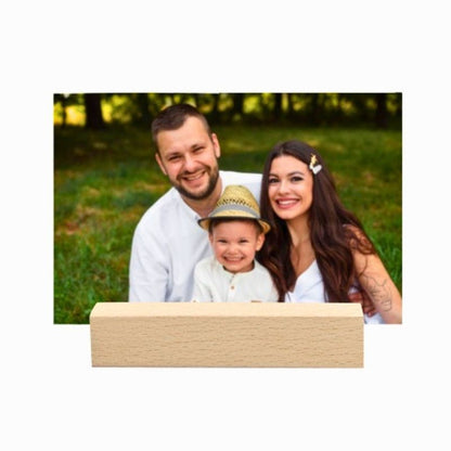 Customized acrylic photo frame with a natural wooden base