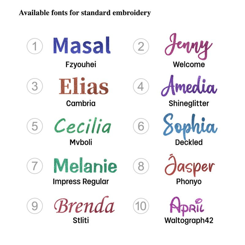 A chart listing 10 available embroidery font styles with sample names and their respective font labels: Masal, Jenny, Elias, Amedia, Cecilia, Sophia, Melanie, Jasper, Brenda, and April.