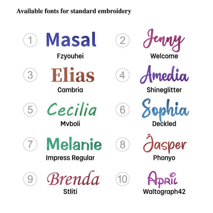 A chart listing 10 available embroidery font styles with sample names and their respective font labels: Masal, Jenny, Elias, Amedia, Cecilia, Sophia, Melanie, Jasper, Brenda, and April.