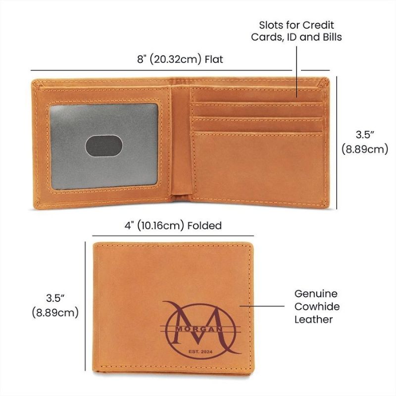 Product specification graphic for a brown genuine cowhide leather wallet showing interior slots for credit cards, ID window, and bills with an 8" (20.32cm) flat width, and a folded view measuring 4" (10.16cm) wide by 3.5" (8.89cm) high featuring an engraved monogram for Morgan.   