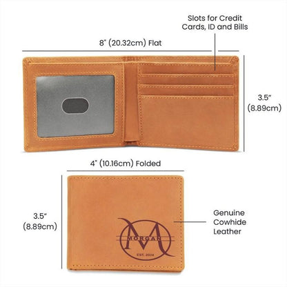 Product specification graphic for a brown genuine cowhide leather wallet showing interior slots for credit cards, ID window, and bills with an 8" (20.32cm) flat width, and a folded view measuring 4" (10.16cm) wide by 3.5" (8.89cm) high featuring an engraved monogram for Morgan.   