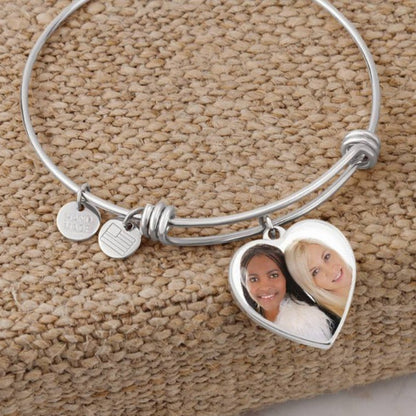 Custom Photo Bangle Bracelet Heart Pendant Engraved Message