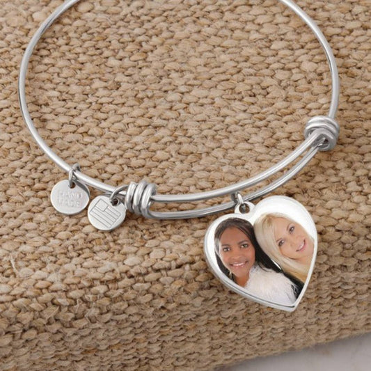 Custom Photo Bangle Bracelet Heart Pendant Engraved Message