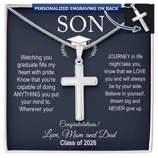 Graduation gift for son necklace with cross pendant and personalized engraving on a dark blue card.