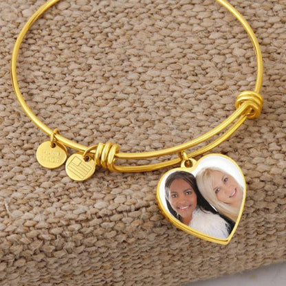 Custom Photo Bangle Bracelet Heart Pendant Engraved Message