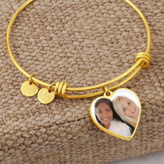 Custom Photo Bangle Bracelet Heart Pendant Engraved Message
