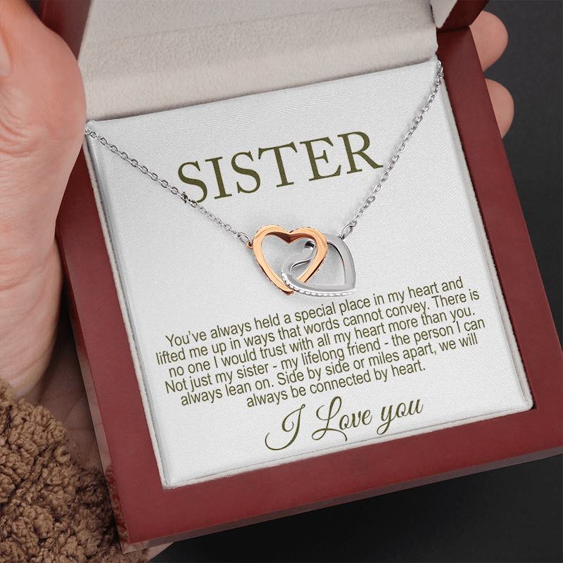 sister necklace - Necklace with heart design in a luxury gift box with a card for 'SISTER' held by a hand