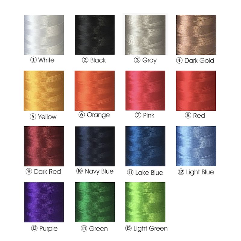 A color chart showing 15 spools of thread in different colors, numbered 1 to 15 with labels: White, Black, Gray, Dark Gold, Yellow, Orange, Pink, Red, Dark Red, Navy Blue, Lake Blue, Light Blue, Purple, Green, and Light Green.