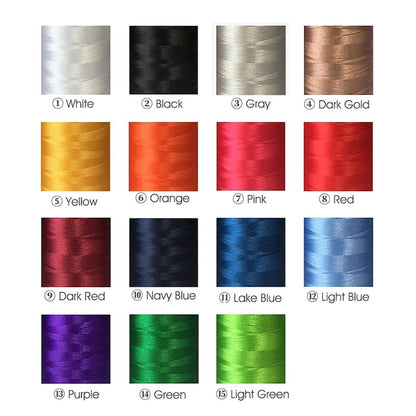 A color chart showing 15 spools of thread in different colors, numbered 1 to 15 with labels: White, Black, Gray, Dark Gold, Yellow, Orange, Pink, Red, Dark Red, Navy Blue, Lake Blue, Light Blue, Purple, Green, and Light Green.