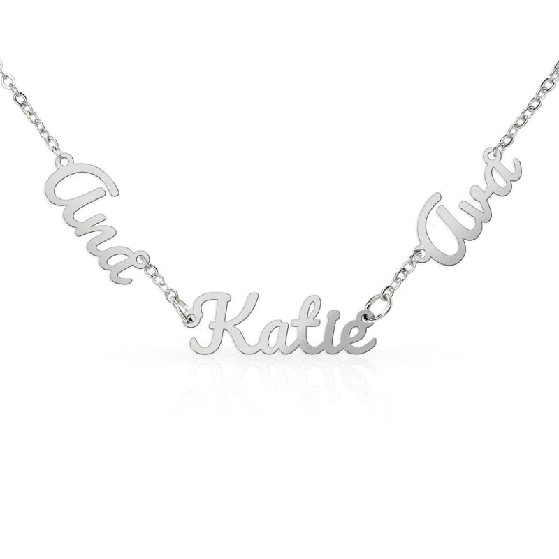 Silver name necklace with 'Ana', 'Katie', and 'Ava' on a white background