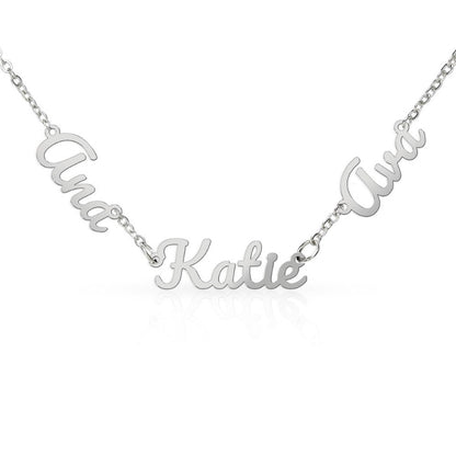 Silver name necklace with 'Ana', 'Katie', and 'Ava' on a white background